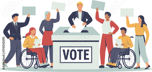 Diverse Group Casting Ballots in Vote Box, Promoting Voter Participation and Accessible Elections