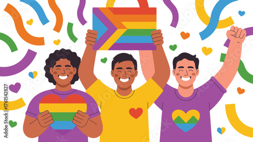 Diverse Group Celebrating Pride Holding Rainbow Flag and Hearts with Confetti on White Background