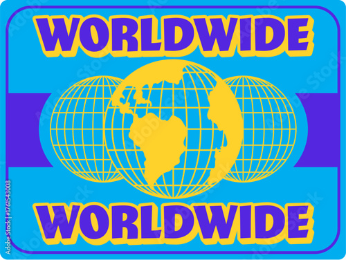 Worldwide company globe Y2K groovy sticker or patch. Planet funky Y2K vector globus patch, Earth mesh sphere sticker. Terrestrial sphere label with purple typography, yellow globe on blue background