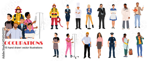 Flat minimalist vector set of diverse occupations including doctors, firefighters, chefs, office workers, police, and maintenance staff. Clean modern illustration with solid colors
