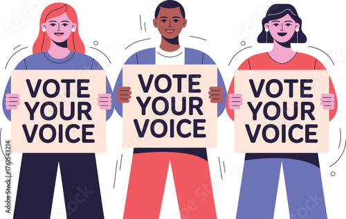Diverse Group Holding Vote Your Voice Signs Encouraging Participation and Civic Engagement in Elections