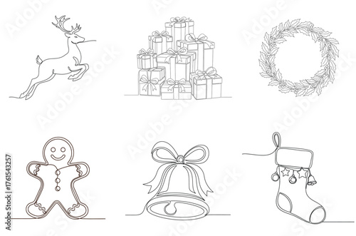 Christmas continuous line art vector silhouette collection featuring festive holiday elements isolated on white background