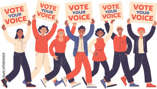 Diverse Group Marching with Vote Your Voice Signs, Encouraging Civic Engagement and Democratic Participation