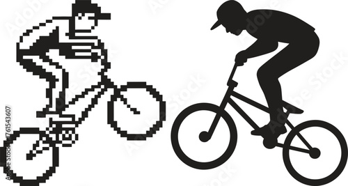 Two bmx riders performing tricks on bicycles in silhouette and line art
