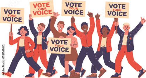 Diverse Group of People Marching with Vote Your Voice Signs, Celebrating Civic Engagement and Democratic Participation