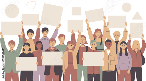 Diverse Group of People Protesting with Blank Signs Raised on White Background Illustration