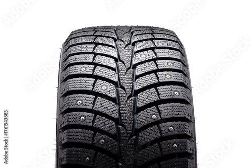Winter studded tire details close-up. Front view, isolate on a white background. A mock-up for the sale of winter tires with seasonal design changes