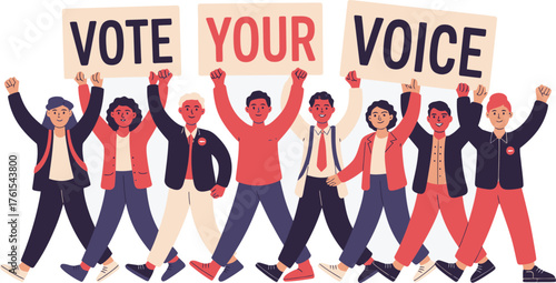 Diverse Group of People Walking and Holding Vote Your Voice Signs in Support of Elections