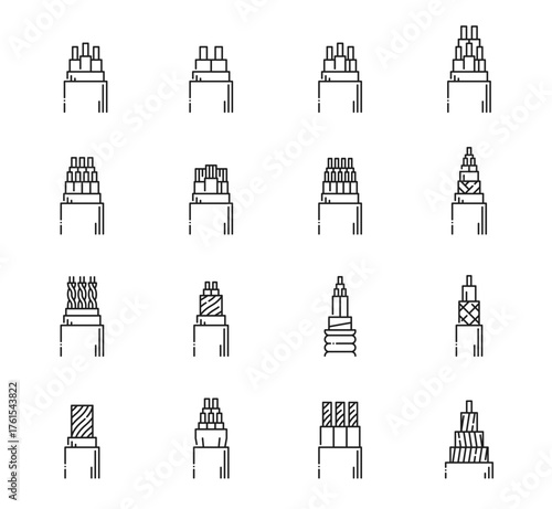 Wire and electric cable line icons set, different types of insulated wires and electrical conductors, isolated on white. Vector black electrical cable shielding, twisting, braiding, insulation layers