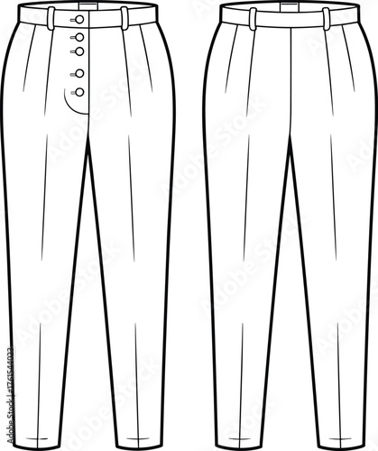High waist trousers technical fashion sketch, front and back view, pants flat template design outline, garment pattern drawing, cad drawing flat vector illustration