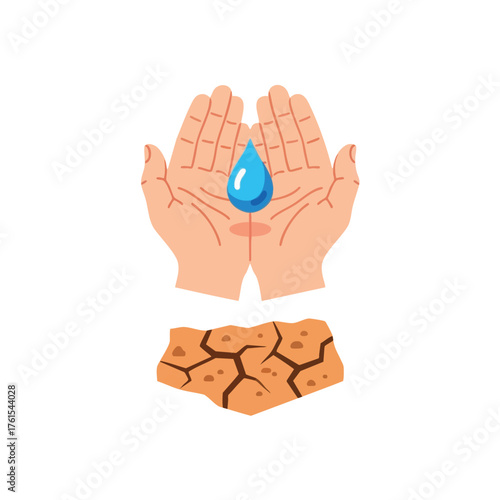 Hands cupping a water drop above cracked, dry earth.