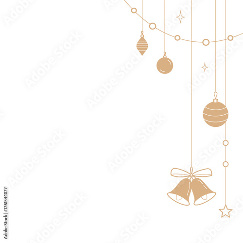 Christmas corner frame with Christmas tree toys in gold color.  Christmas decorations on a white background for cards, flyers.