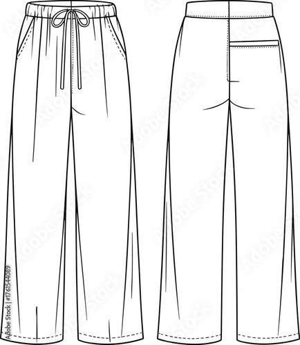 Loose fit lounge pants technical fashion flat sketch, front and back view, casual wear template design, cad drawing flat vector illustration