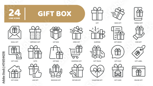 Set of collection line icons related gift box. Editable stroke. Perfect pixel on transparent background