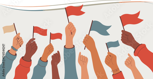 Diverse Hands Raised Holding Flags Demonstration, Protest, Unity, Celebration, Illustration on White