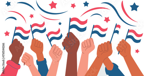 Diverse Hands Raised Holding Flags with Red and Blue Swirls, Stars, and Streams