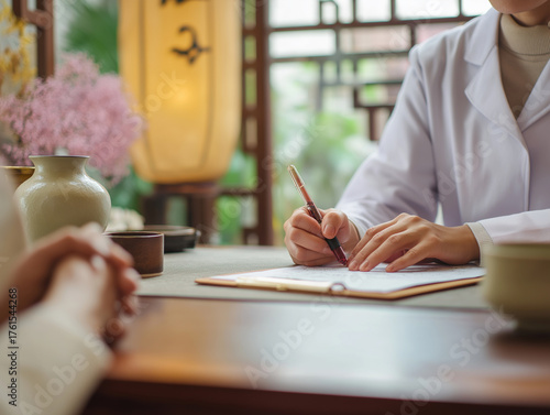 Traditional Chinese medicine doctor writing consultation notes