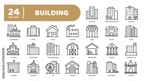 Set of collection line icons related building. Editable stroke. Perfect pixel on transparent background