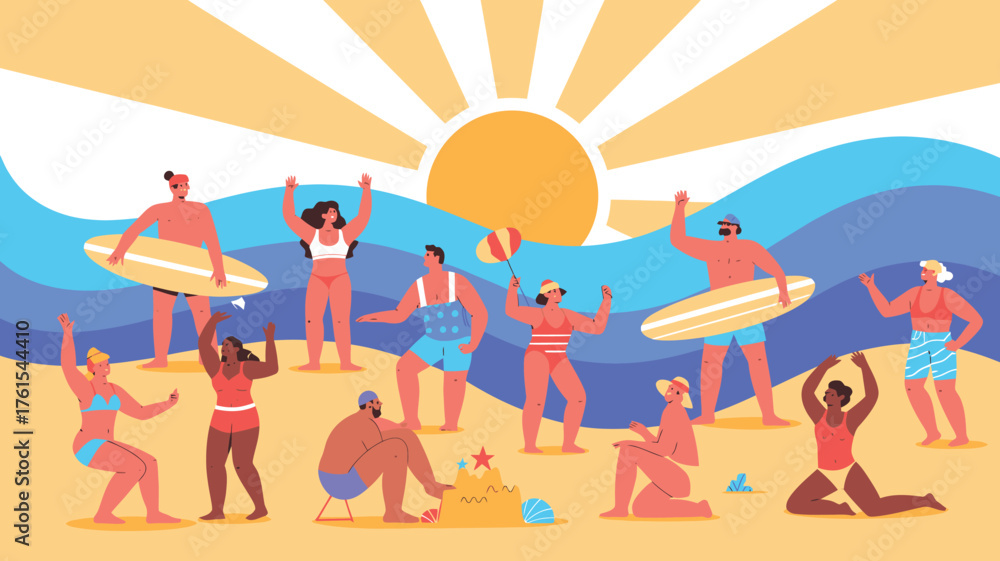 Fototapeta premium Diverse People Enjoying Sunny Beach Day Surfers, Sandcastles, and Summer Fun Illustration