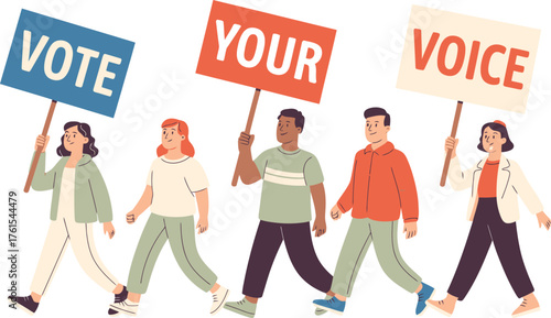 Diverse People Marching with Vote, Your, and Voice Signs During Election Campaign