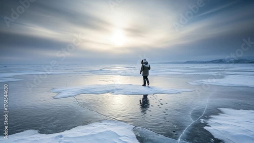 Lone Figure on Frozen Lake - A Serene Winter Landscape.
