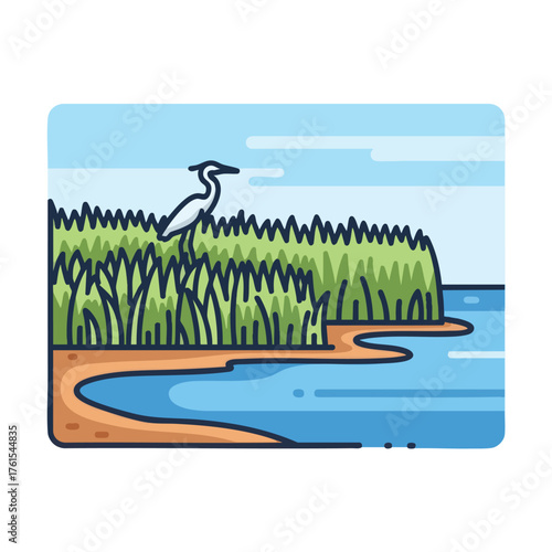 of a heron in a marshy wetland landscape.
