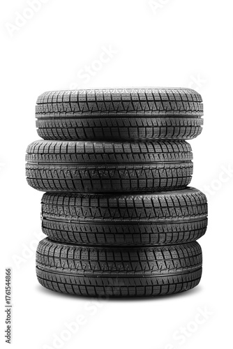Four high-quality winter tires are stacked together on a clean white background, suitable for automotive enthusiasts or tire retailers looking for reliable products.