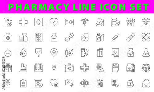 Line style icons of pharmacy and medication: prescription bottle, pill organizer, dropper bottle, pharmacist badge, dosage chart, refill reminder, medicine delivery icon, over-the-counter pack.