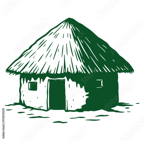 Hand drawn illustration of a traditional thatched roof hut building vector design