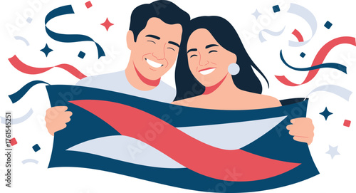 Happy Couple Holding Striped Banner Under Confetti Illustration Celebrating Together with Joy and Excitement