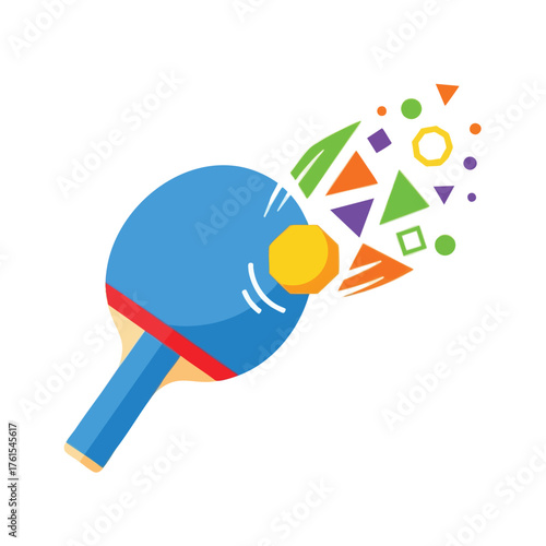 A blue ping pong paddle striking a ball, bursting into colorful geometric shapes.
