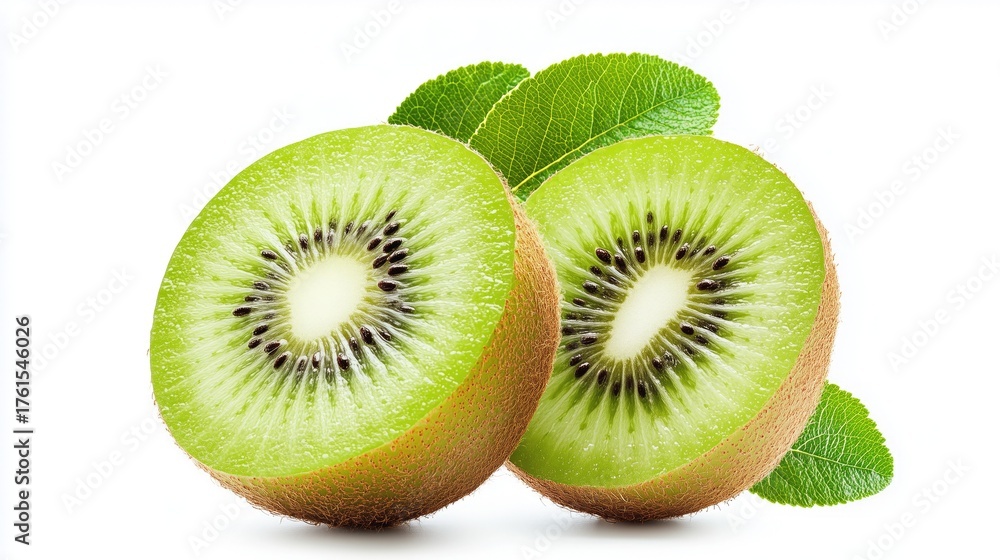 Fototapeta premium Fresh kiwi halves with green leaves displaying vibrant color and juicy texture
