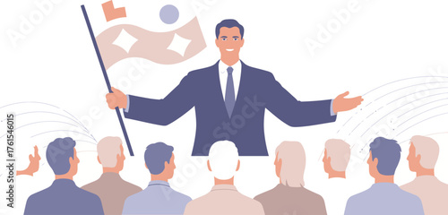 Political Leader Addressing Crowd with Flag Speech, Campaign, Leadership, Illustration