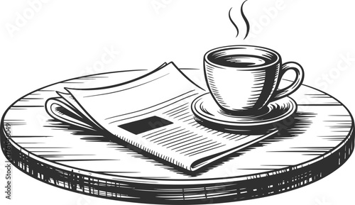 Hand drawn sketch of a steaming cup of coffee next to a folded newspaper on a wooden table
