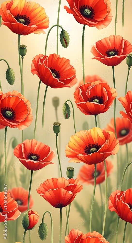 Fototapeta premium Vibrant Poppies in Watercolor Floral Design on Neutral Background