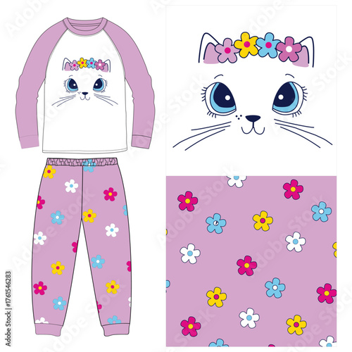 t shirt with long pant cute cat print vector art