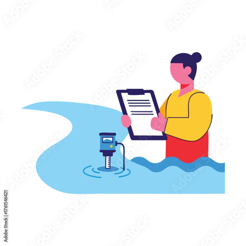 Person testing water quality with a device and clipboard.