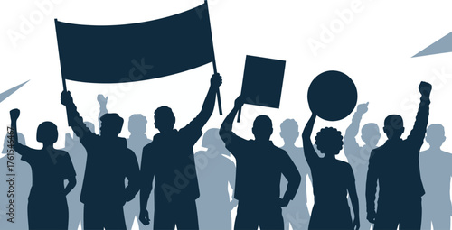 Silhouetted Crowd Protesting with Signs and Raised Fists in Solidarity Against White Background