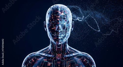 Artificial intelligence concept: Digital human with circuit board design.