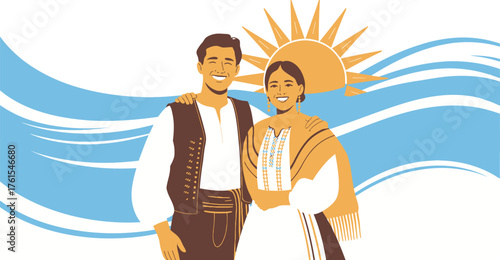 Smiling Couple in Traditional Clothing with Sun and Wave Background Illustration