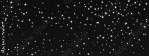 Black night sky starry wallpaper backdrop. White dots, specks, particles scattered across space texture. Vector twinkle pattern with stellar effect. Overlay template for cosmic design