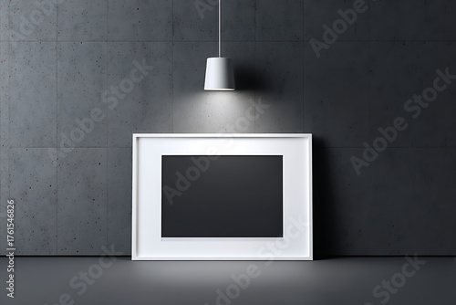 Gloss white frame mockup on matte black backdrop with spotlight