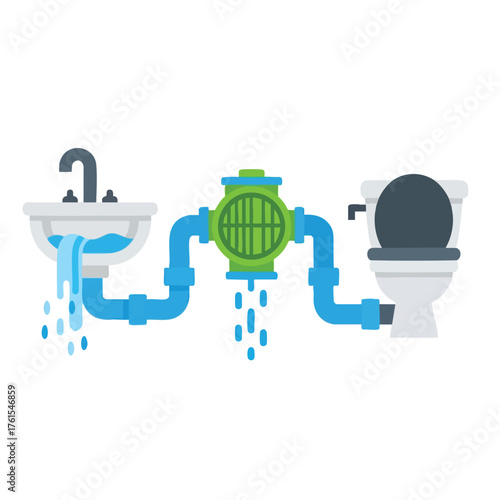 A modern of a sink, toilet, and plumbing system.