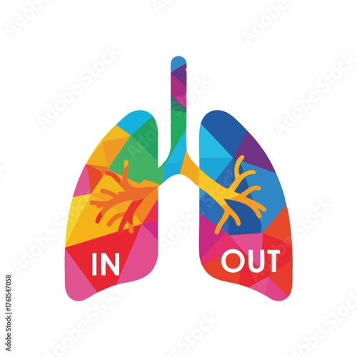 Colorful abstract lung with 'IN' and 'OUT' text.