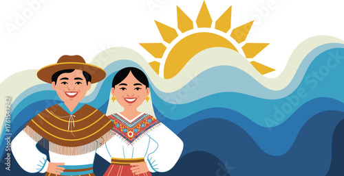 Traditional Latin American Couple with Sun and Waves Illustration on White Background