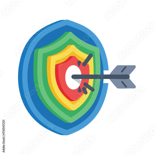 A dart hits the bullseye of a layered shield target.