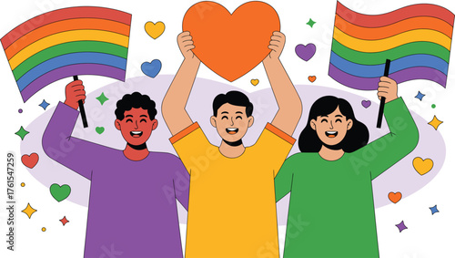 Three Smiling People Holding Rainbow Flags and an Orange Heart Symbolizing Pride Month