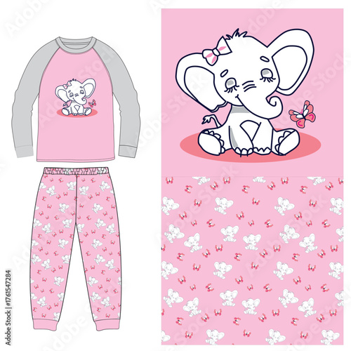 t shirt with long pant cute elephant print vector art