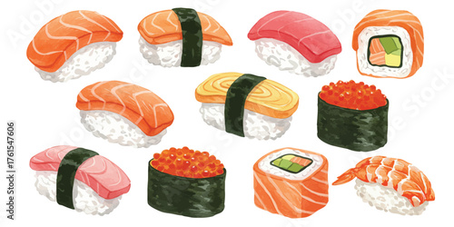 A collection of watercolor-style sushi illustrations featuring various types such as salmon nigiri, tuna, tamago, ikura, and sushi rolls. Perfect for Japanese food design, restaurant menu, packaging, 