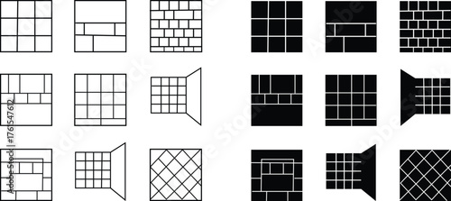 Bathroom Tile Icon set, Interior Design, Floor Pattern, Wall Decoration, Ceramic Texture, Home Renovation, Hygiene, Cleaning, and Construction creates a clean and modern look Symbols in Modern Vector